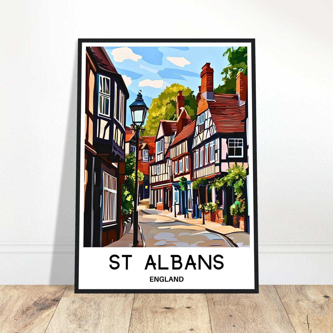 St Albans England Historic Tudor Street Travel Illustration Poster