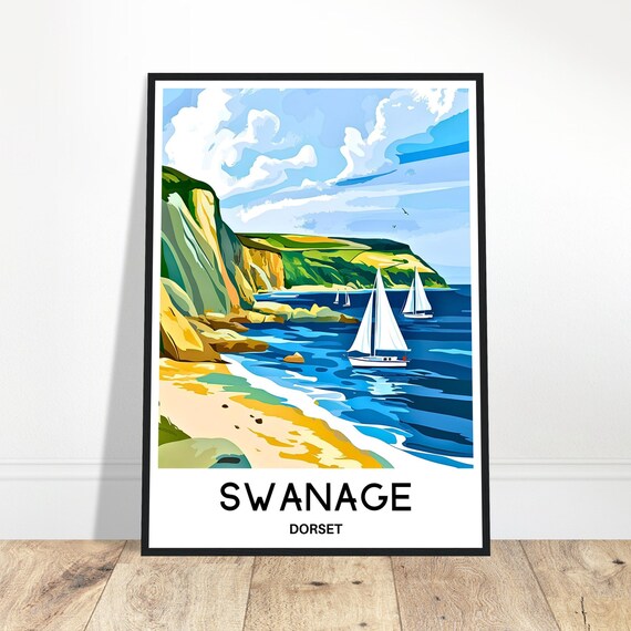 Swanage Travel Print Town Poster English Art England Lover Gift Wall Hanging Home Office Room Decor Dorset Illustration