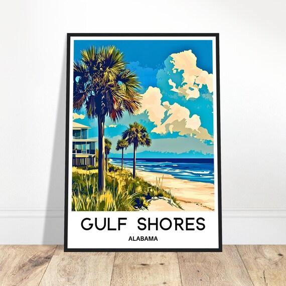 Gulf Shores Alabama Beach Palm Trees Vintage Coastal Travel Poster