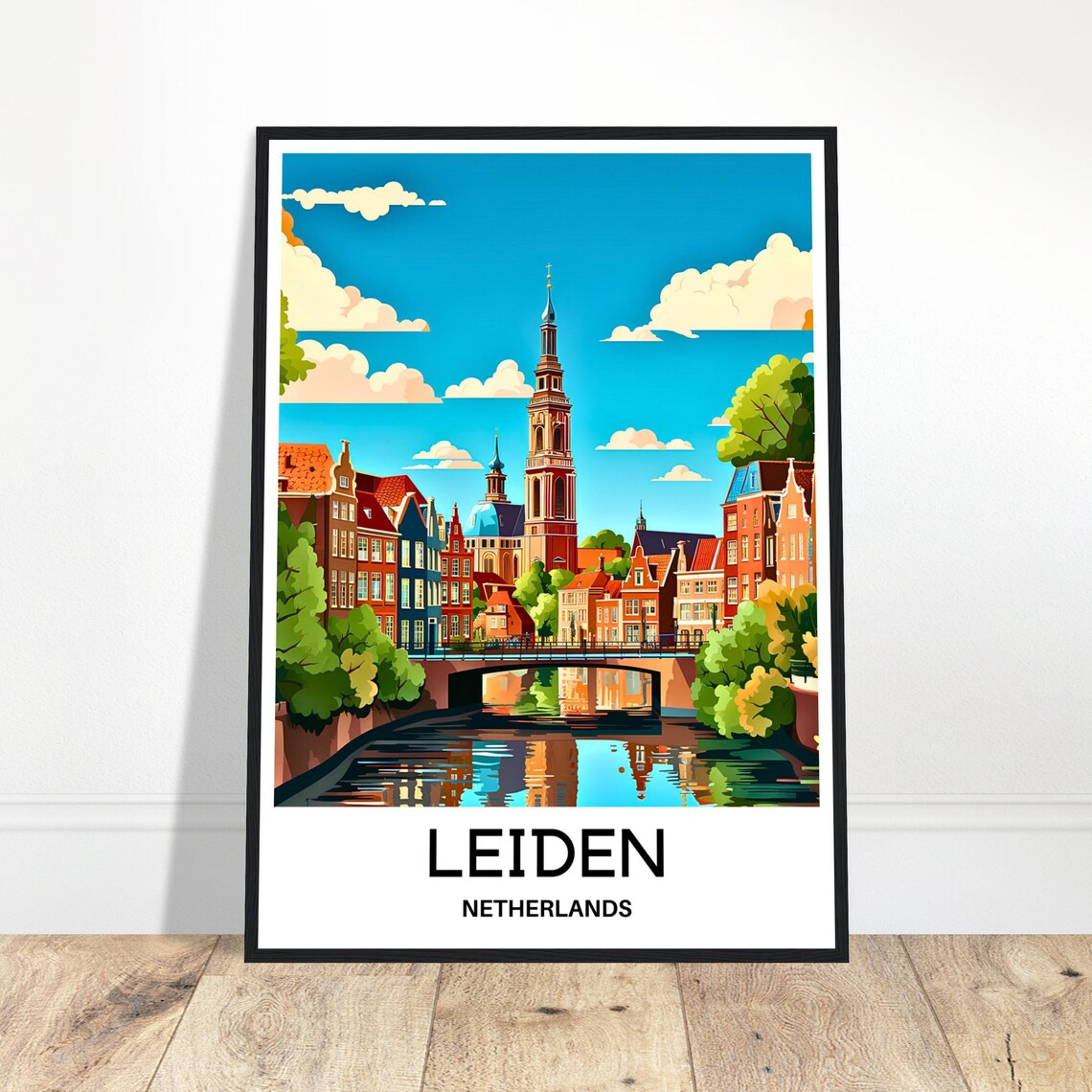 Leiden Netherlands Canal Bridge Church Tower City Travel Poster