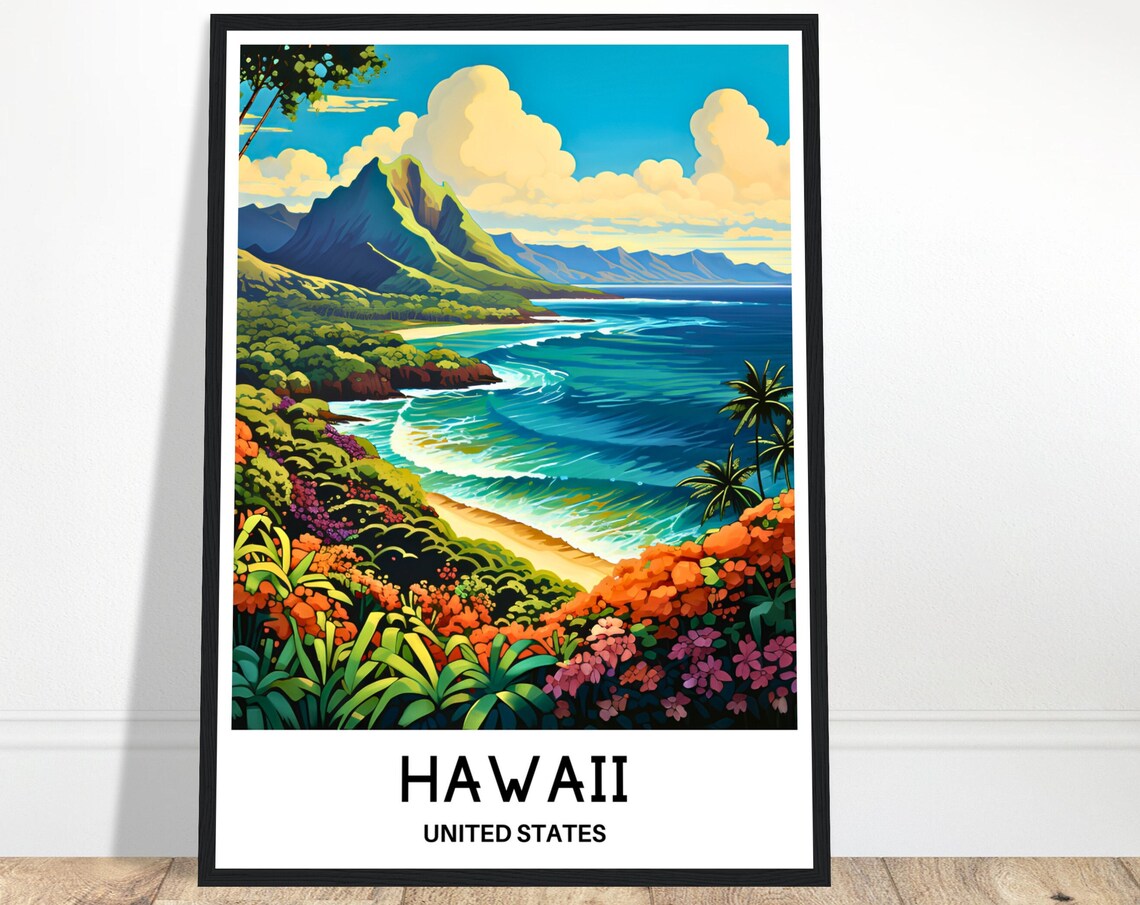 Hawaii United States Travel Poster of a Lush Tropical Coastline at Day