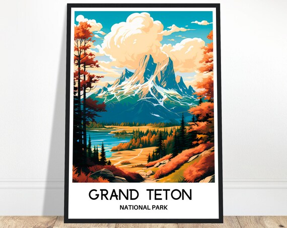 Grand Teton National Park Travel Print Poster Art Wyoming Lover Gift Wall Hanging Illustration