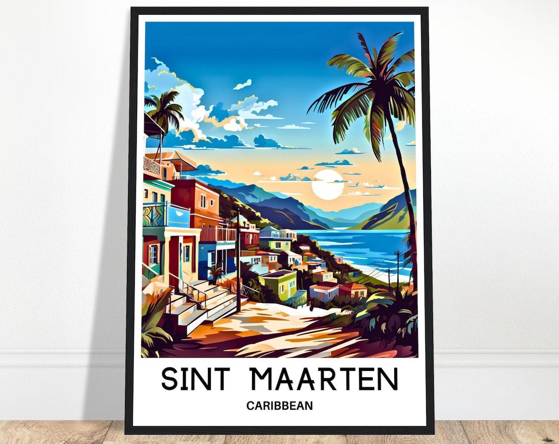 Sint Maarten Caribbean Sunset Harbor Retro Travel Illustration Poster