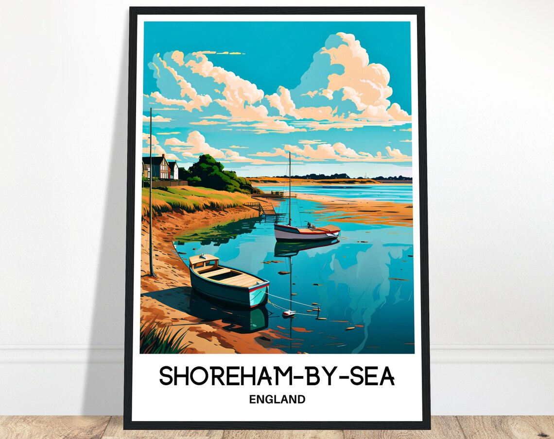 Shoreham-By-Sea England Sailboats Calm Riverbank Daytime View Poster