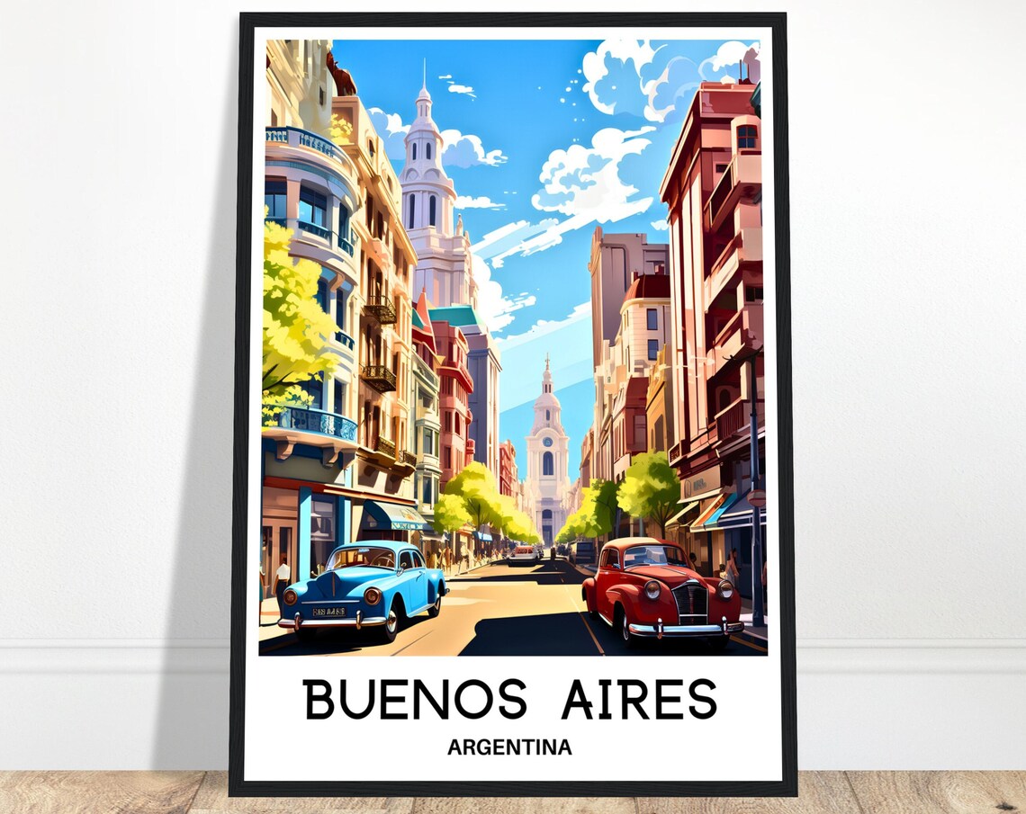 Buenos Aires Classic Cars Avenida Church Historic Travel Poster