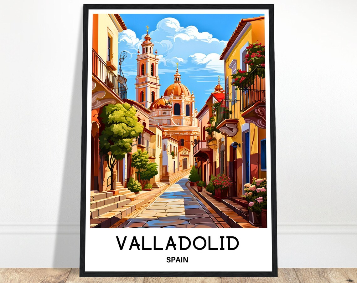 Valladolid Spain Travel Poster Old Town Street Cathedral View