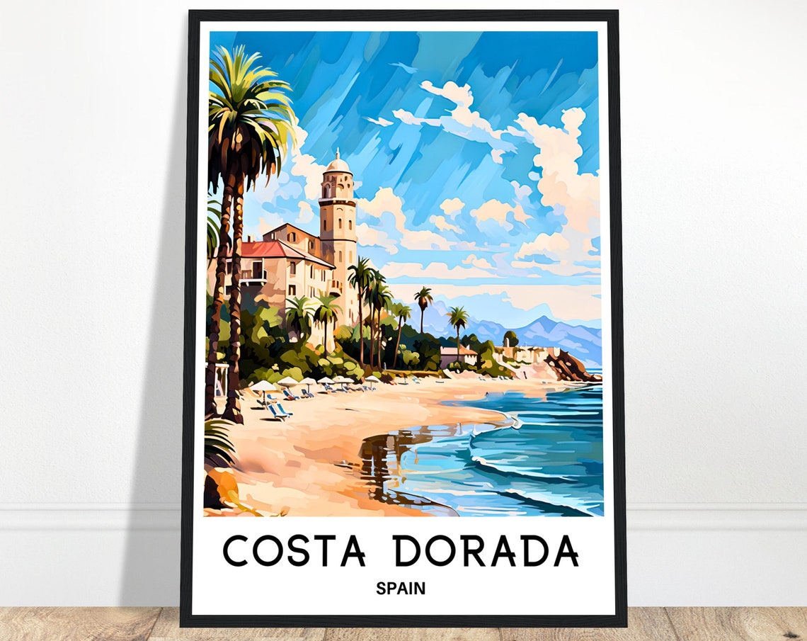 Costa Dorada Spain Beach Palms Historic Tower Coastal Travel Poster
