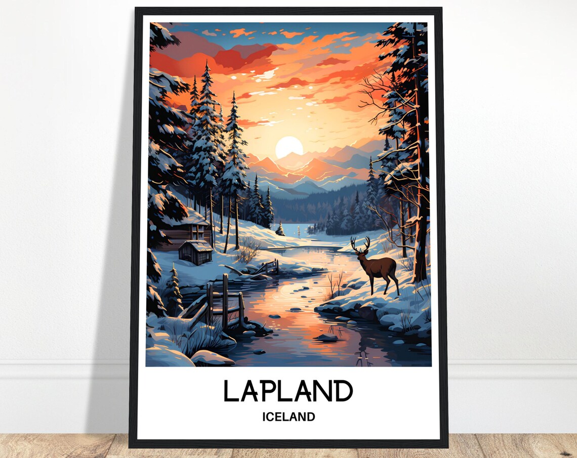 Lapland Iceland Snowy Forest Deer Sunset Winter Travel Poster