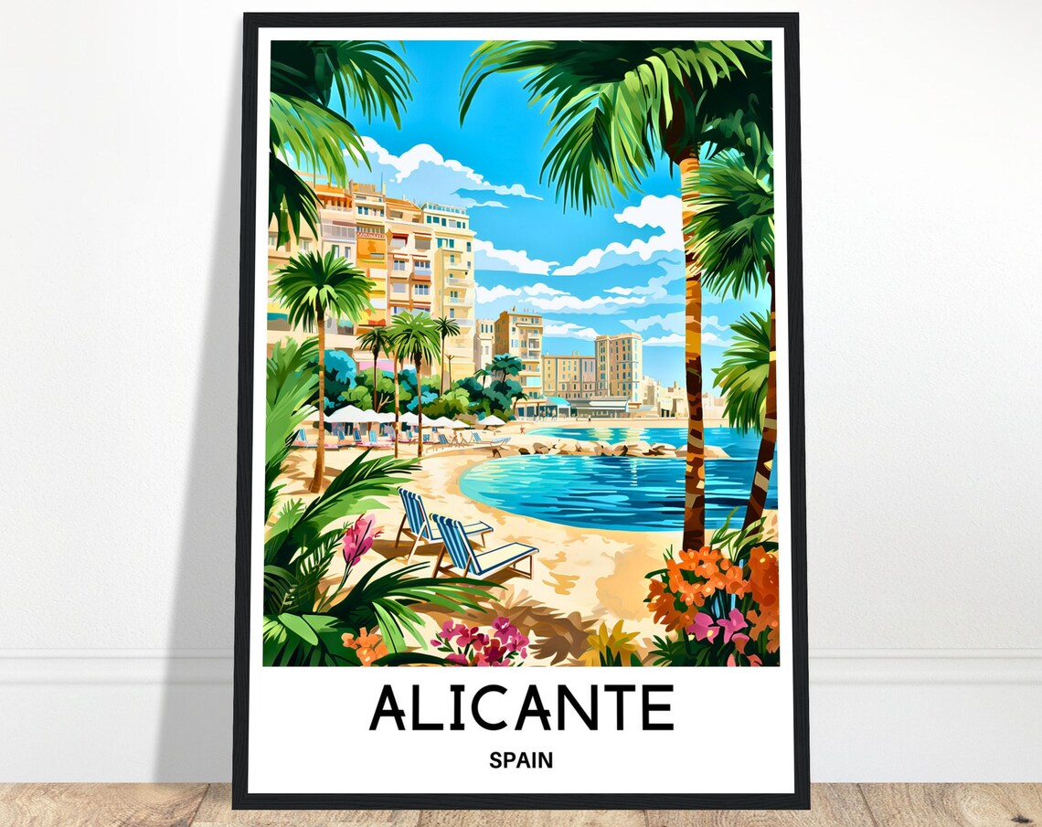 Alicante Spain Palm Beach Loungers Summer Sunshine Travel Poster