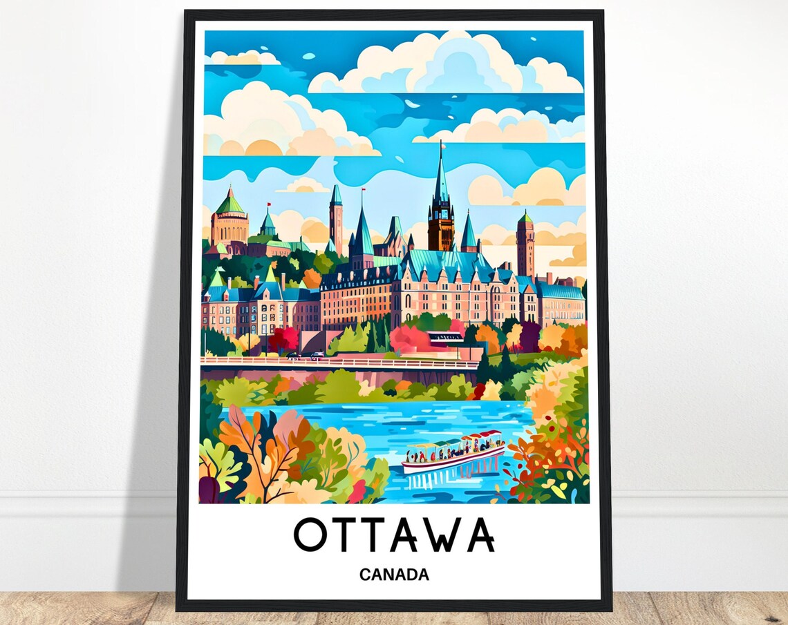 Ottawa Canada Parliament Hill Golden Autumn River Travel Poster