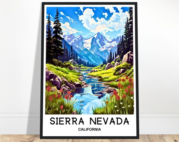 Sierra Nevada California Travel Poster with Mountain Lake Pines