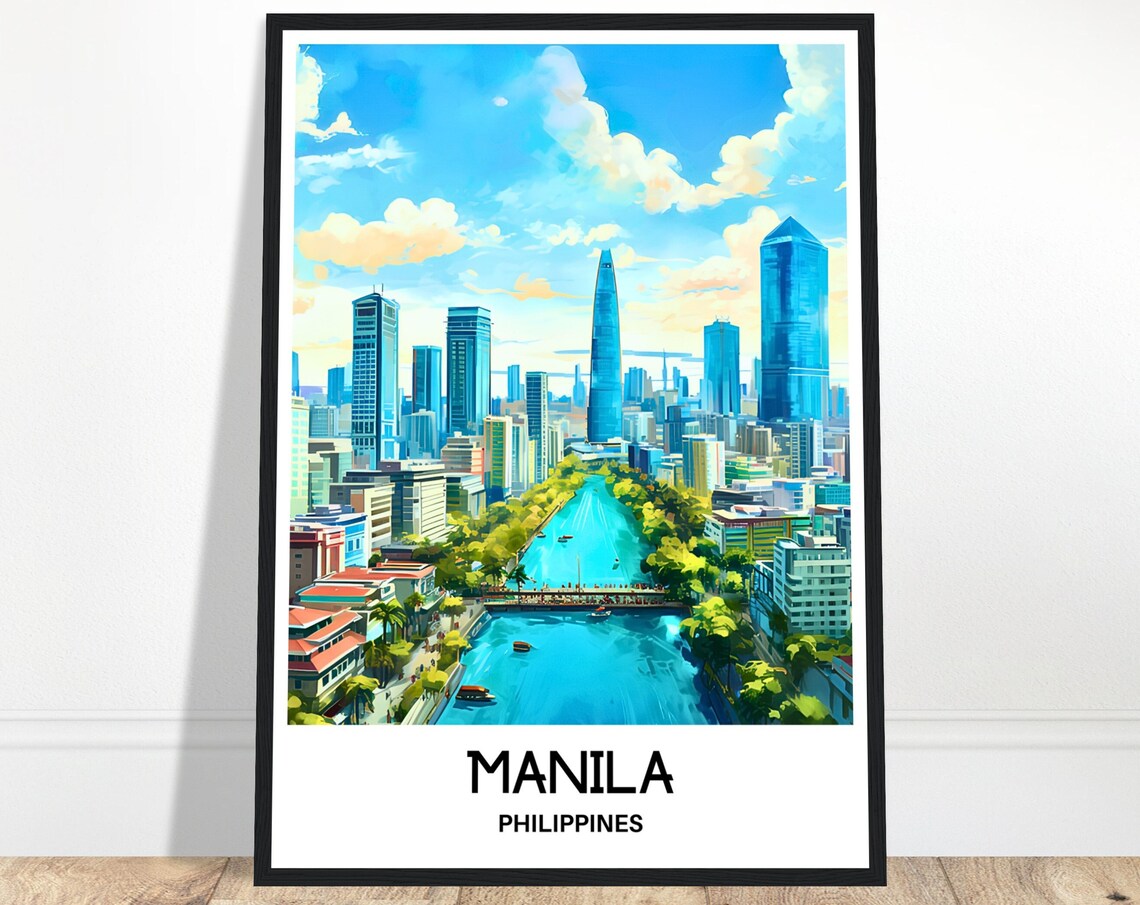 Manila Philippines Modern Skyline River Watercolor City Travel Poster