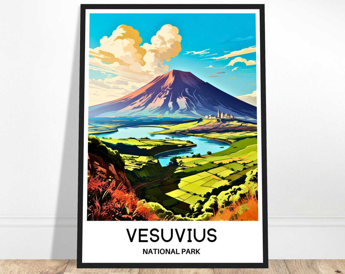 Vesuvius Volcano over Green River Valley Italy Travel Poster