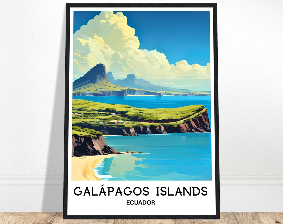 Galapagos Islands Ecuador Volcanic Cliffs Turquoise Coast Travel Poster