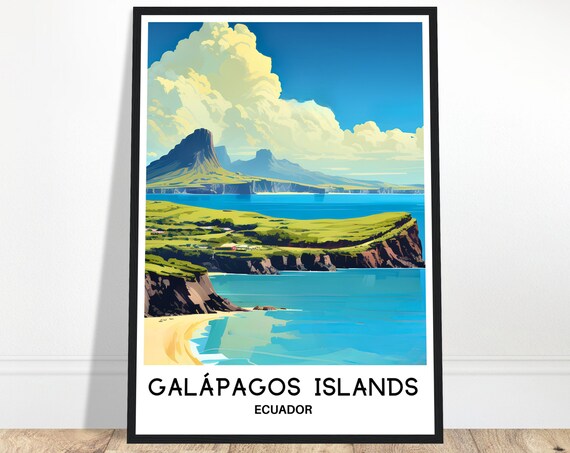 Galapagos Islands Ecuador Volcanic Cliffs Turquoise Coast Travel Poster
