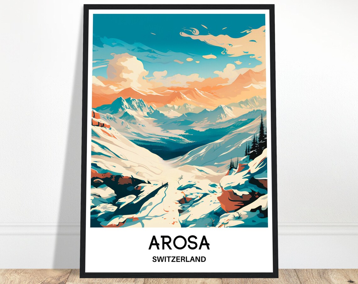 Arosa Switzerland Snowy Mountain Valley Sunrise Travel Poster