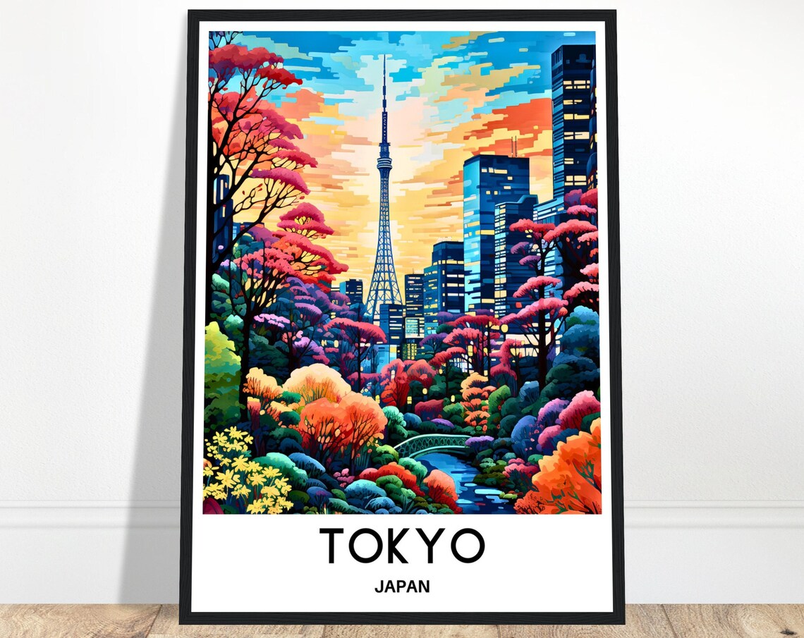 Tokyo Tower Sunset Pink Garden Trees Riverside Japan Travel Poster