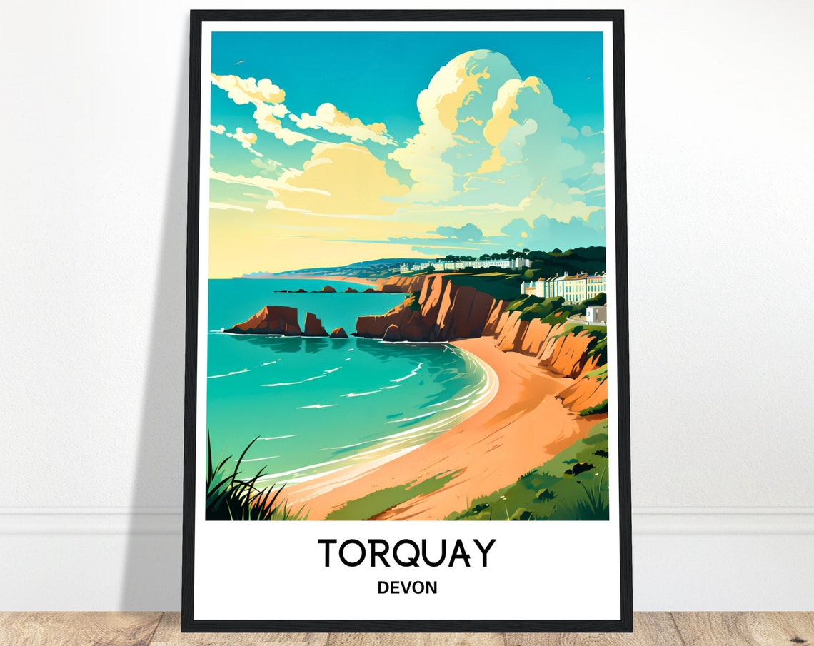 Torquay Devon Golden Sunset Cliffs and Sandy Beach Travel Poster