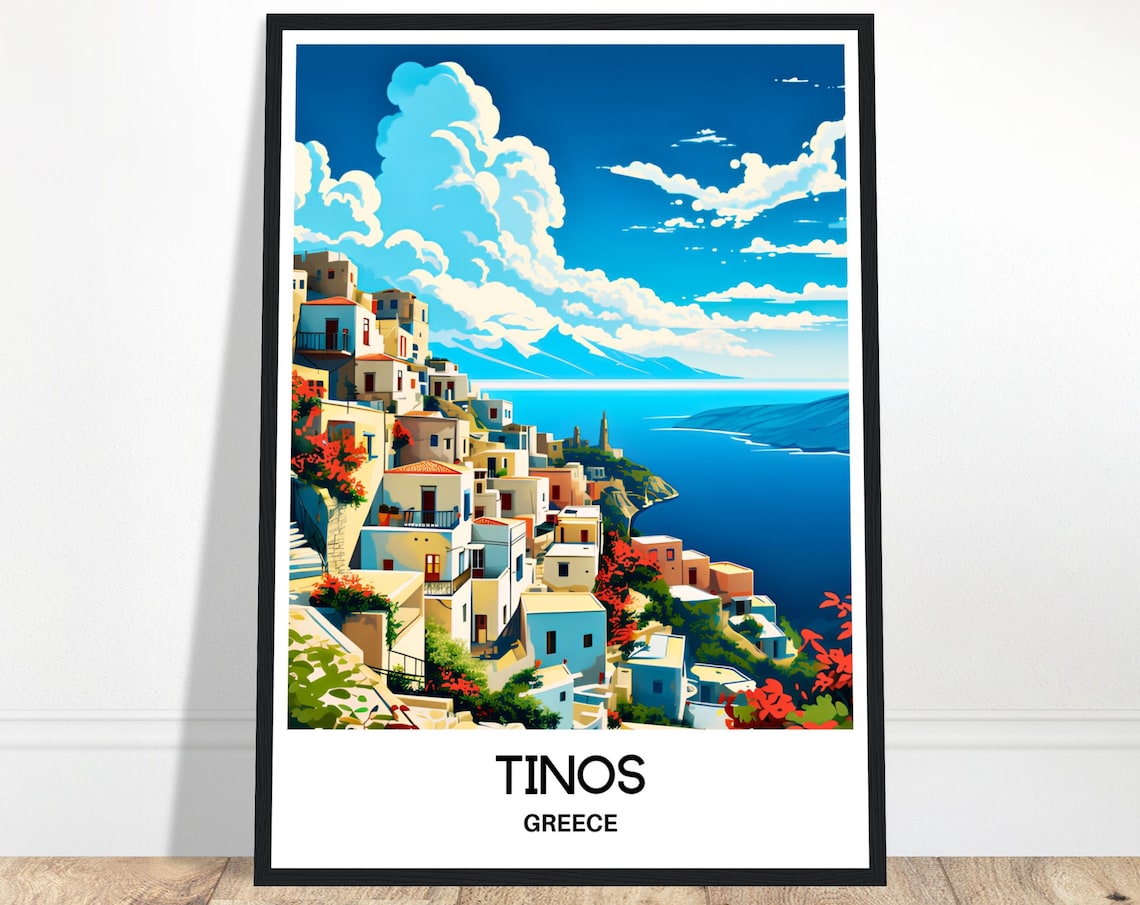 Tinos Greece Seaside Village Bougainvillea Aegean Travel Poster
