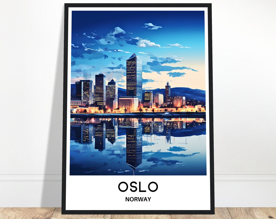Oslo Norway Night Skyline Lights on Waterfront Harbor Poster