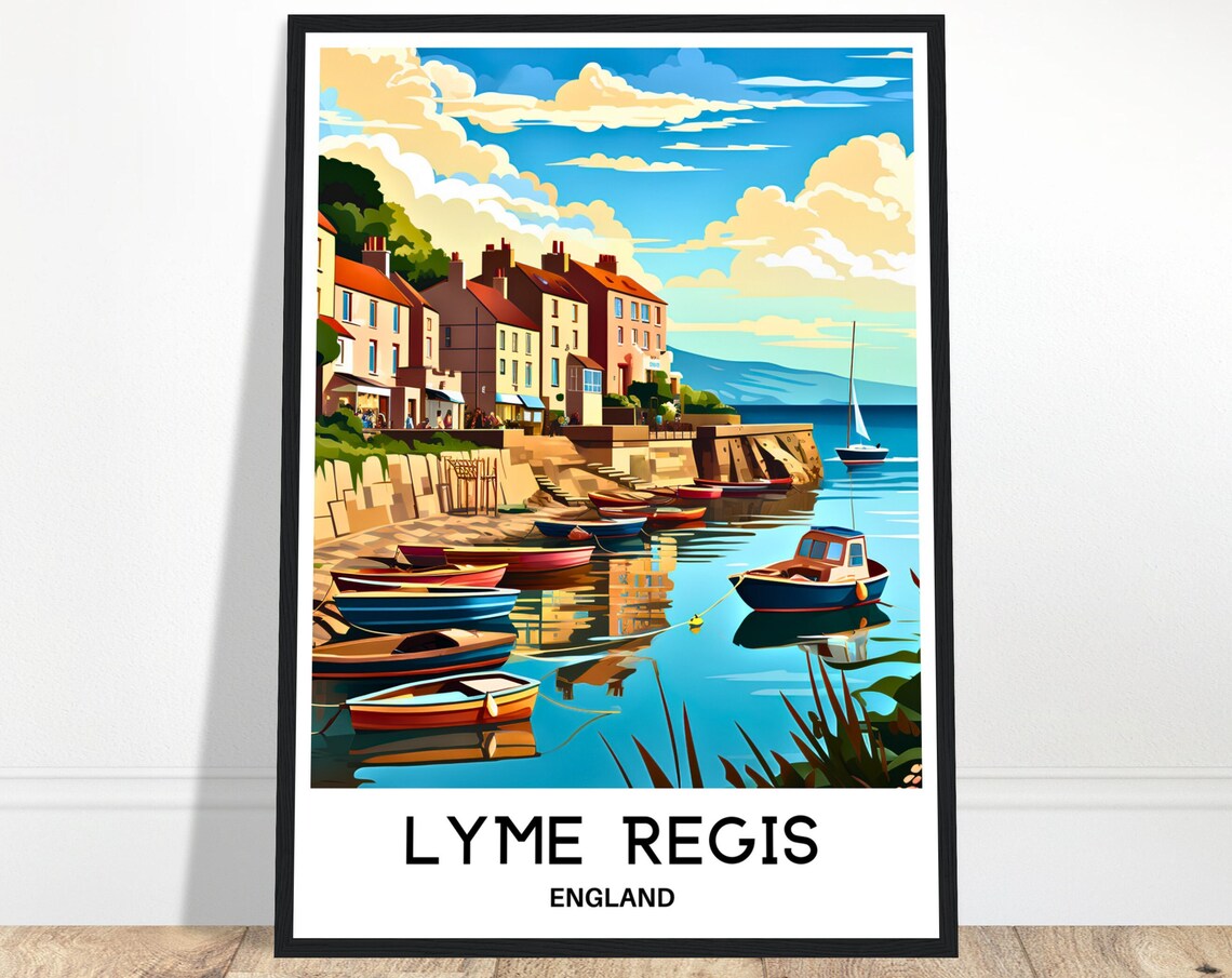 Lyme Regis Harbor Colorful Boats Coastal England Travel Poster
