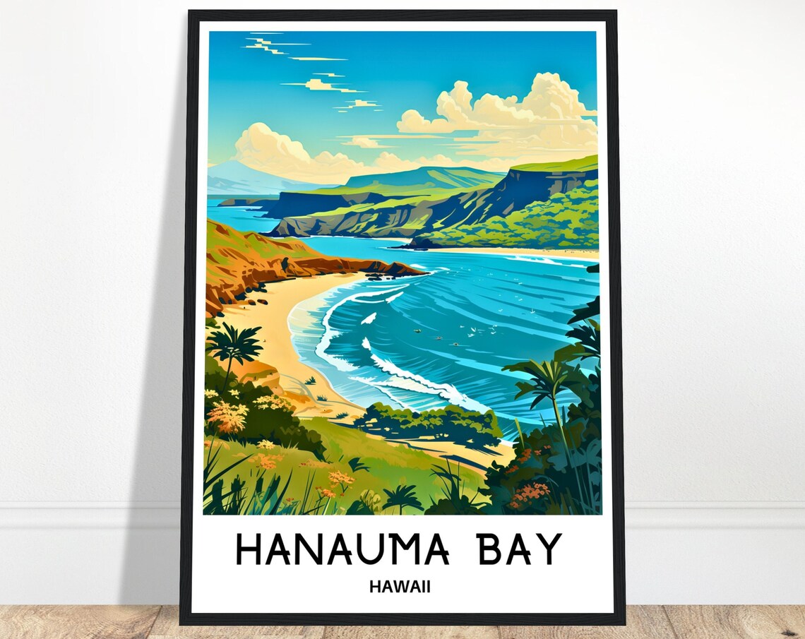 Hanauma Bay Golden Beach Volcanic Cliffs Hawaii Travel Poster