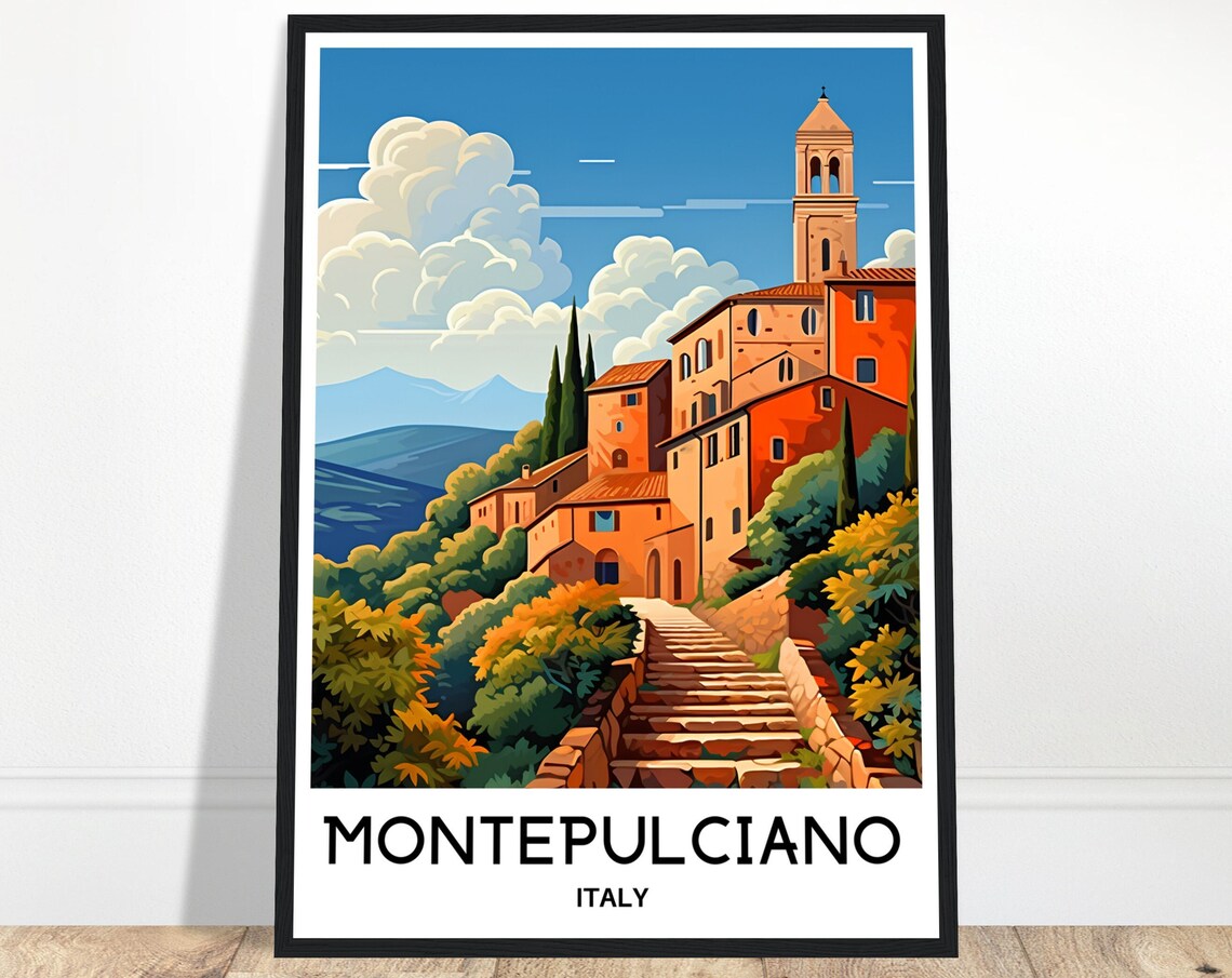 Montepulciano Italy Tuscan Hill Town Bell Tower Vintage Travel Poster