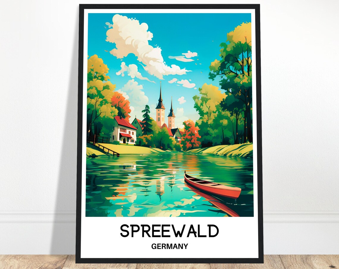 Spreewald Germany Riverside Church and Red Canoe Travel Poster