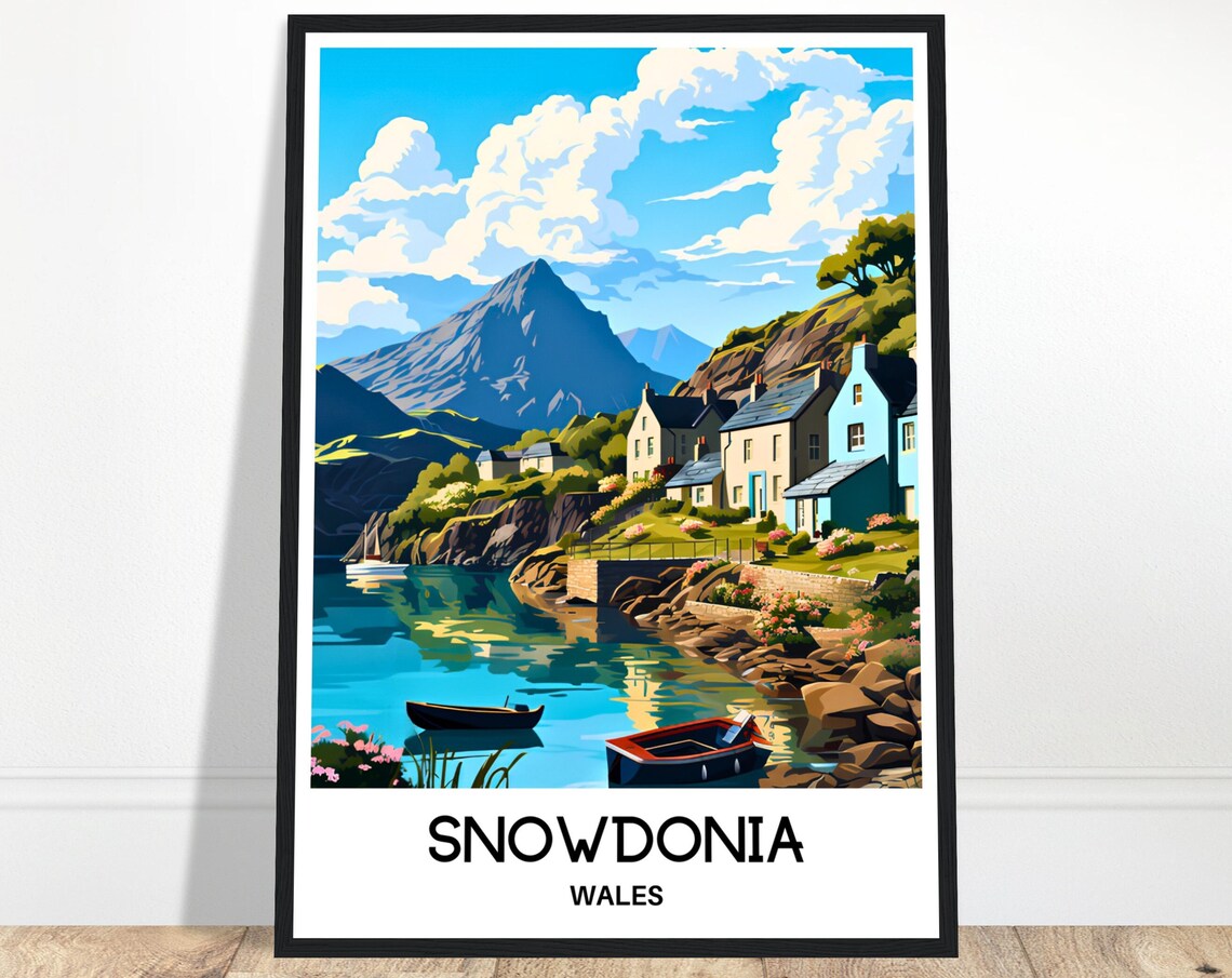 Snowdonia Wales Mountain Peak Lakeside Village Boats Travel Poster