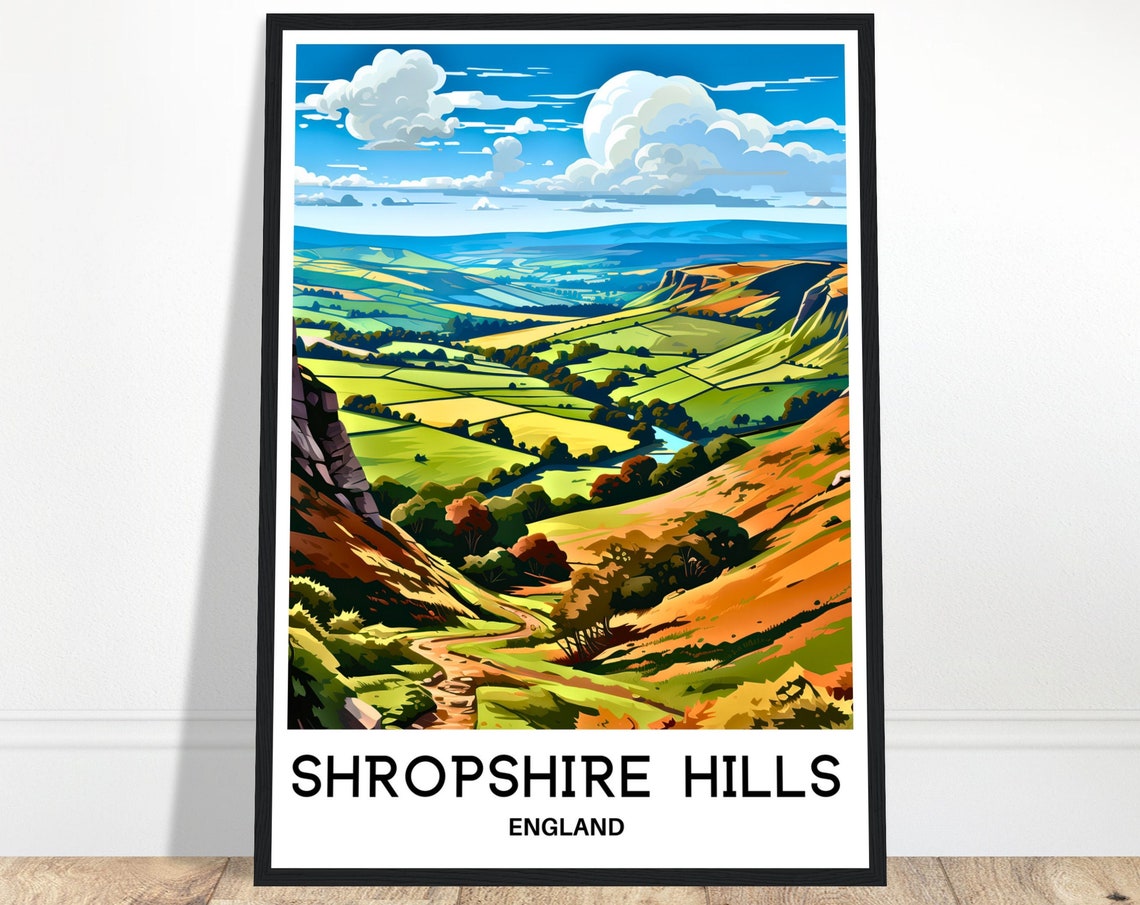 Shropshire Hills England Green Patchwork Valley Travel Poster