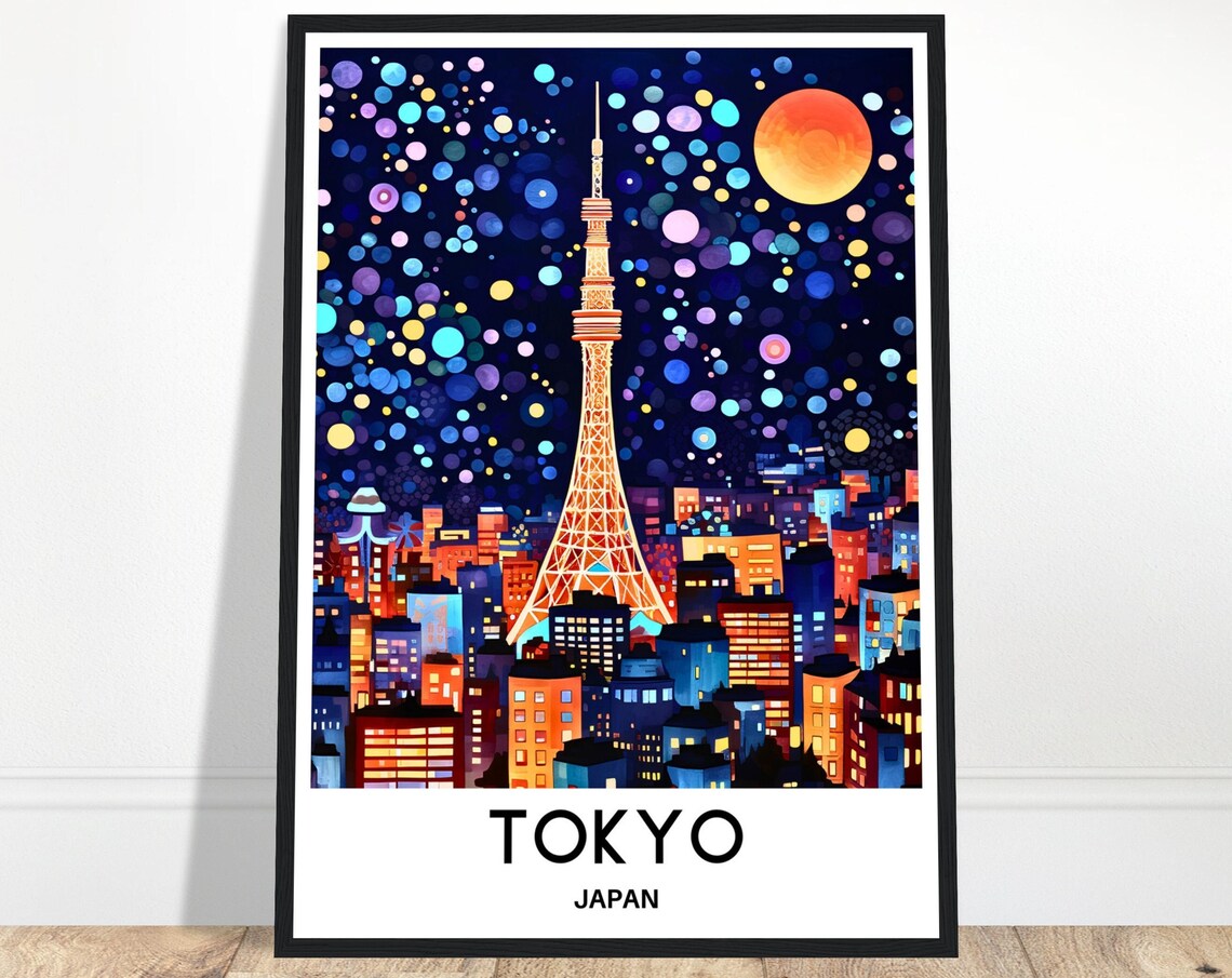 Tokyo Japan Tower at Night in Bright City Lights Travel Poster