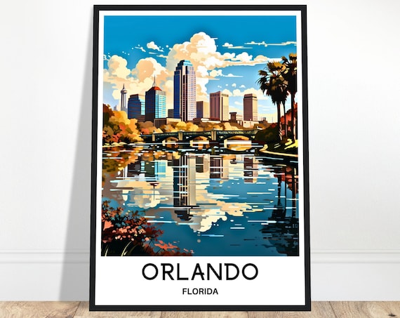 Orlando Florida Downtown Skyline Lake Reflection Travel Poster Art