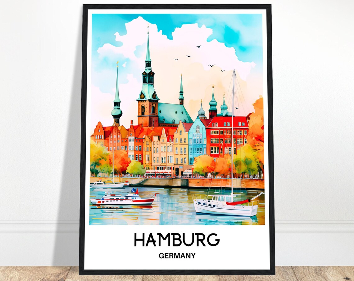 Hamburg Germany Watercolor Harbor Church Skyline Travel Art Print