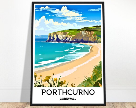 Porthcurno Travel Print Poster English Art England Lover Gift Wall Hanging Home Office Desk Decor Cornwall Illustration