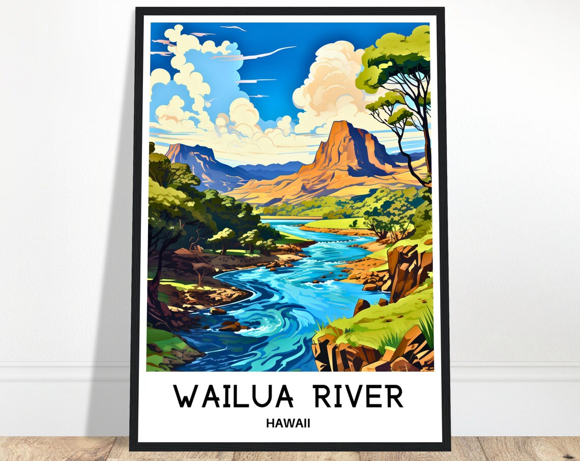 Wailua River Hawaii Vintage Travel Mountain River Valley Poster