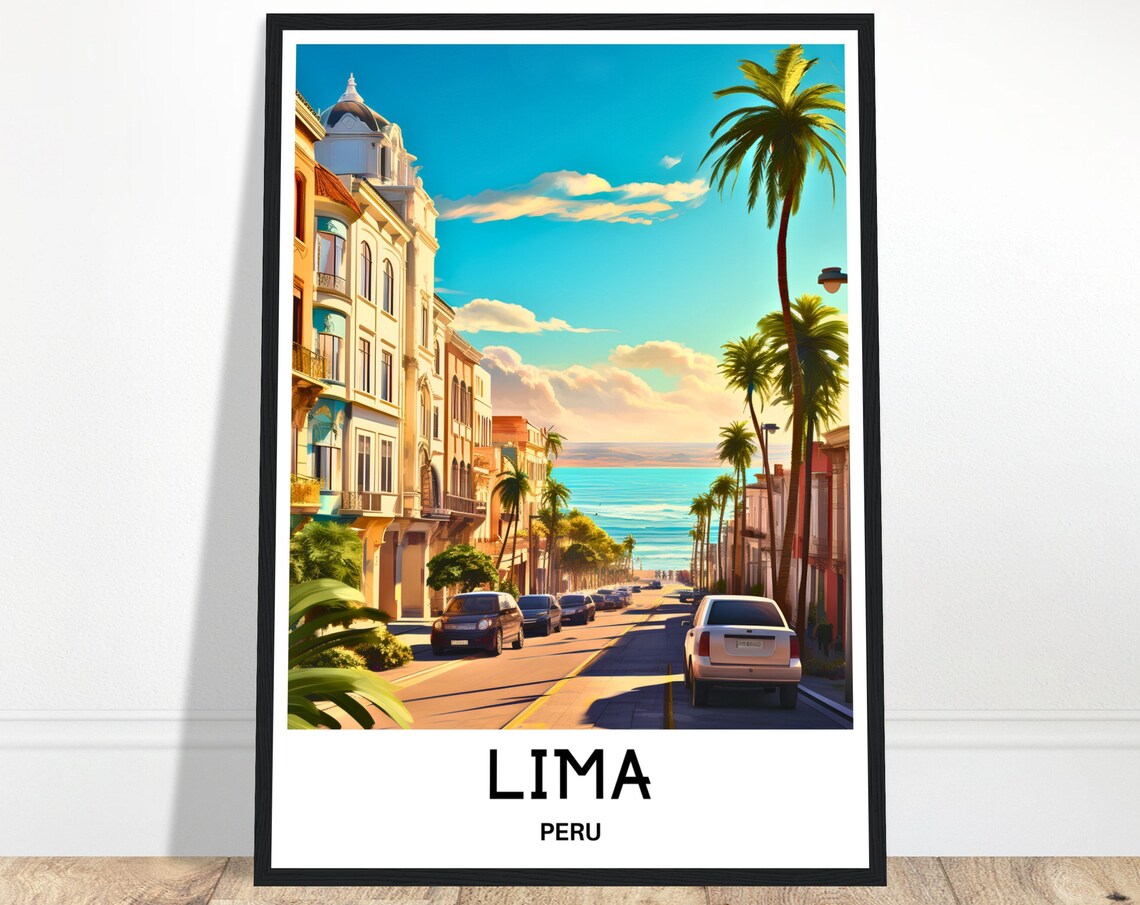 Lima Peru Sunlit Palm Lined Street With Ocean View Travel Poster