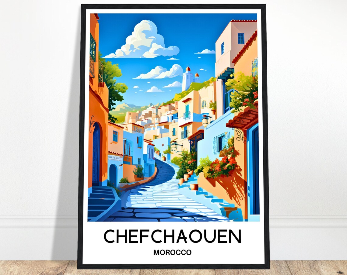 Chefchaouen Blue City Cobblestone Street Morocco Travel Poster