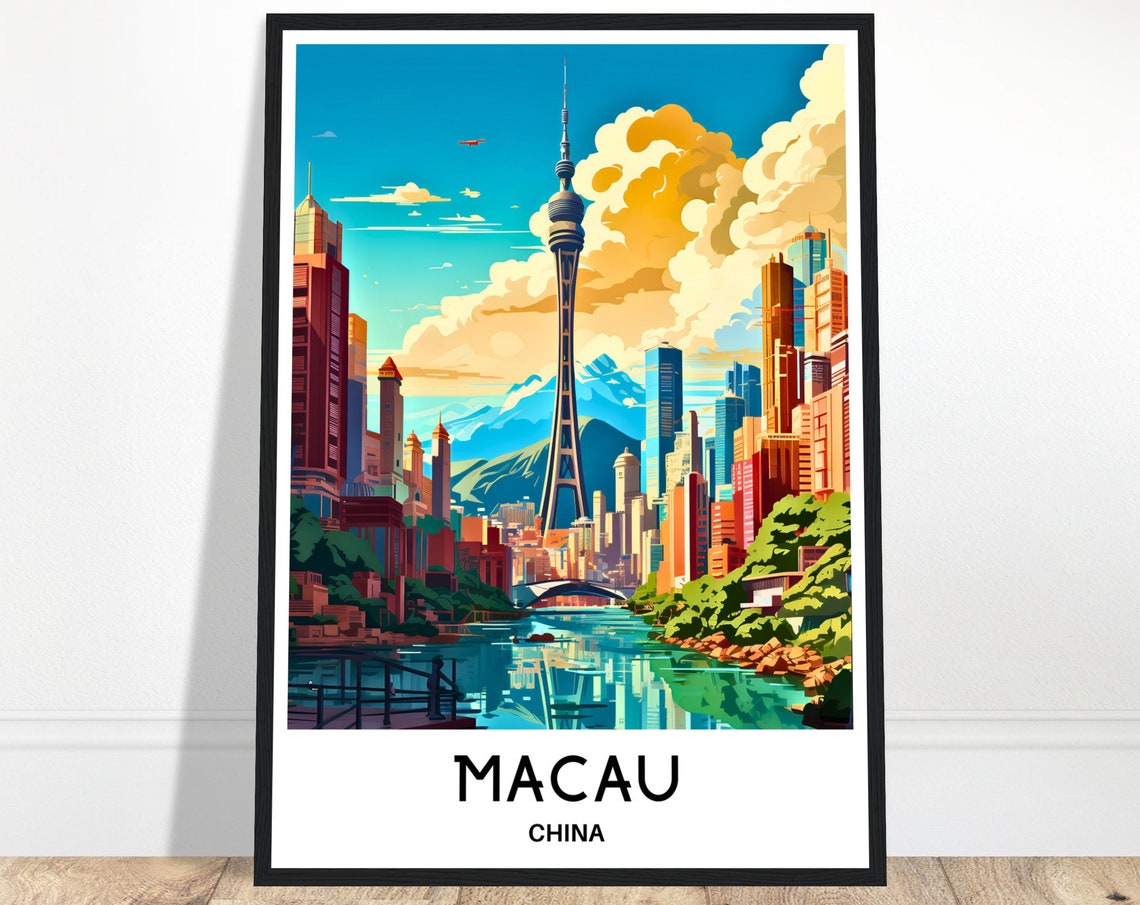 Macau China Colorful Modern Skyline and Riverside Travel Poster