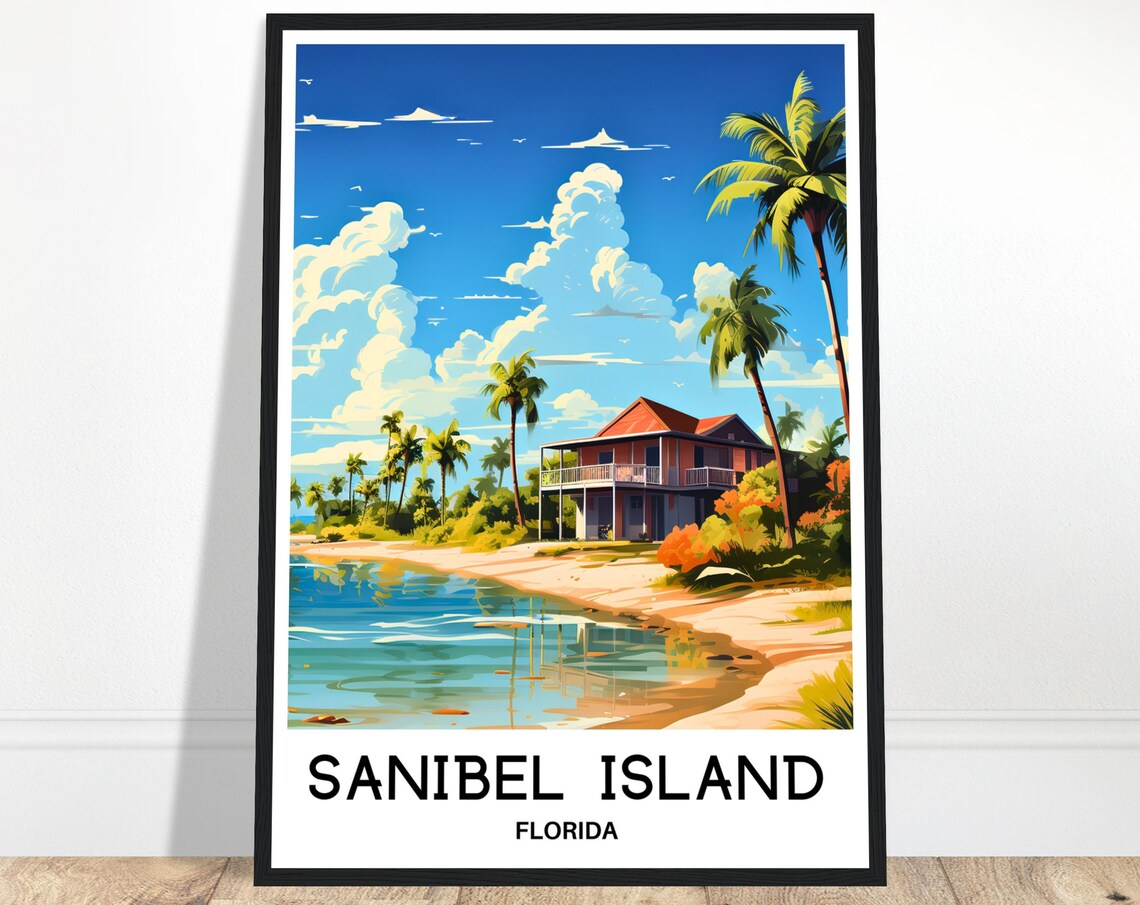 Sanibel Island Florida Retro Travel Poster Beach House Palms