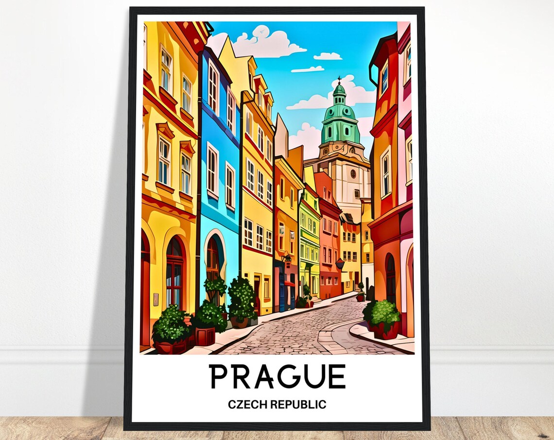 Prague Czech Republic Colorful Cobblestone Old Town Travel Poster