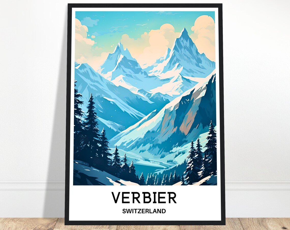 Verbier Switzerland Snowy Alpine Peaks Ski Resort Travel Poster