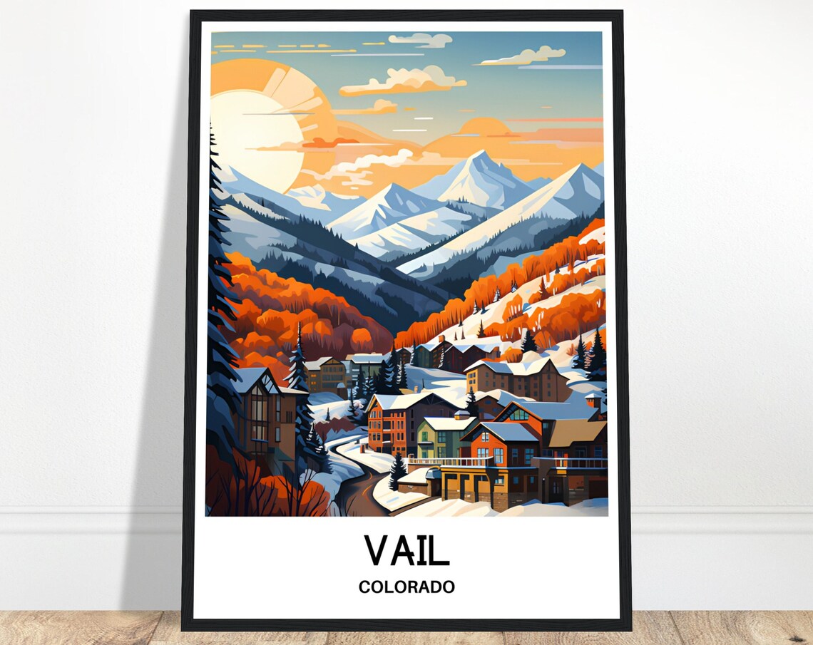 Vail Colorado Travel Poster Snowy Alpine Village Glowing at Sunset
