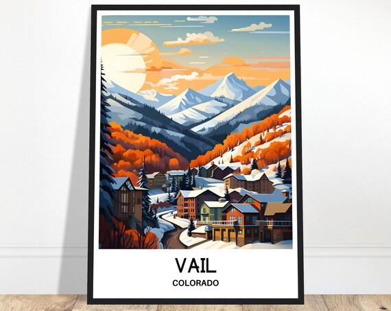 Vail Colorado Travel Poster Snowy Alpine Village Glowing at Sunset