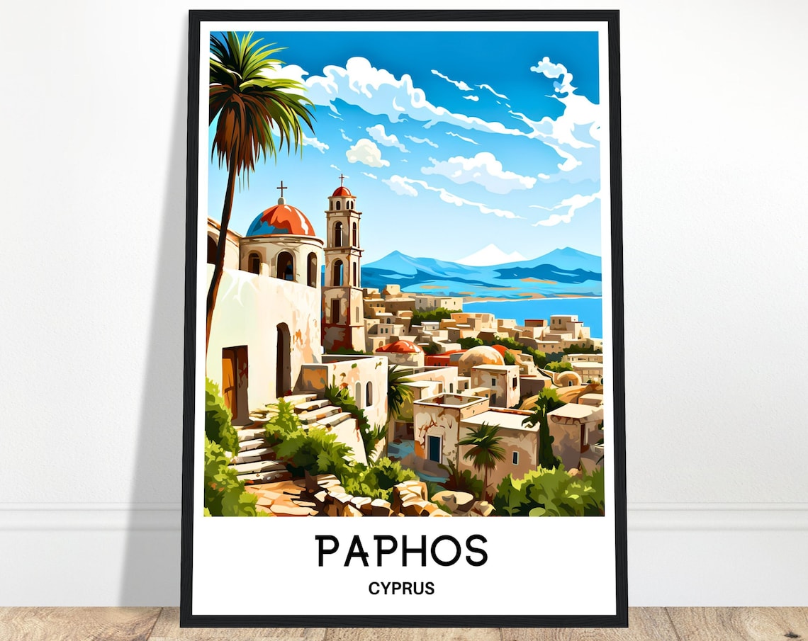Paphos Cyprus Old Town Travel Poster With Church Domes And Sea