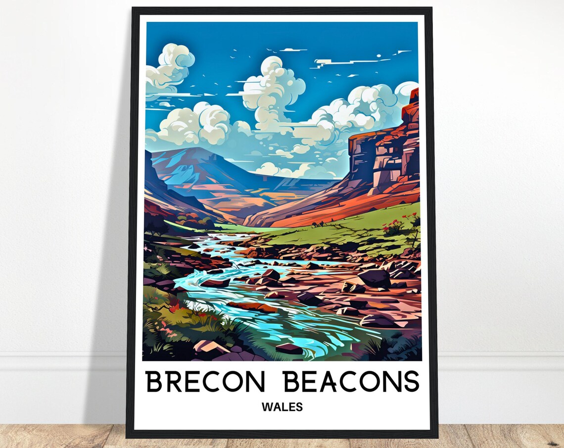 Brecon Beacons River Valley Wales Illustrated Landscape Travel Poster