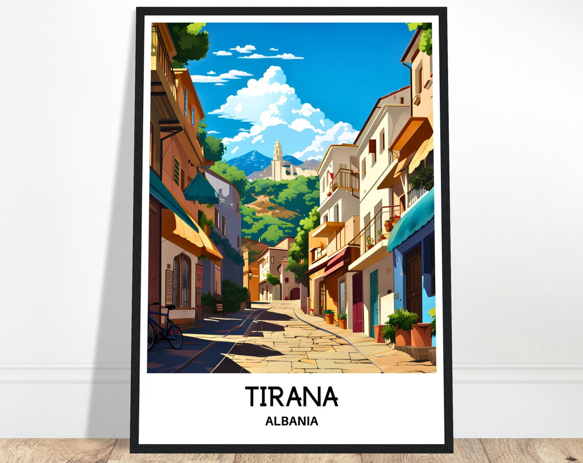 Tirana Albania Sunlit Old Cobblestone Street City Travel Poster