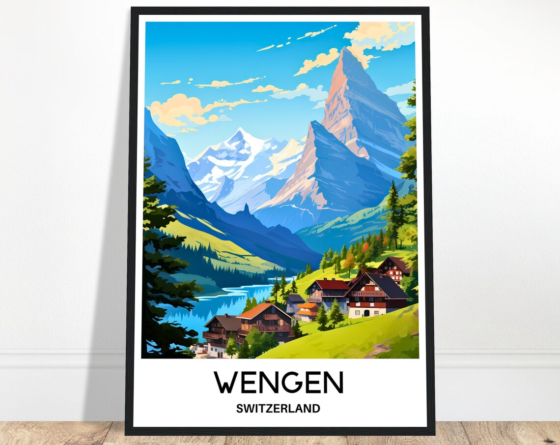 Wengen Switzerland Alpine Village Lake and Peaks Travel Poster
