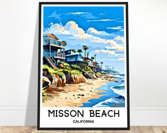 Misson Beach Travel Print Poster Art Lover Gift Wall Hanging Illustration Home Office Desk Decor