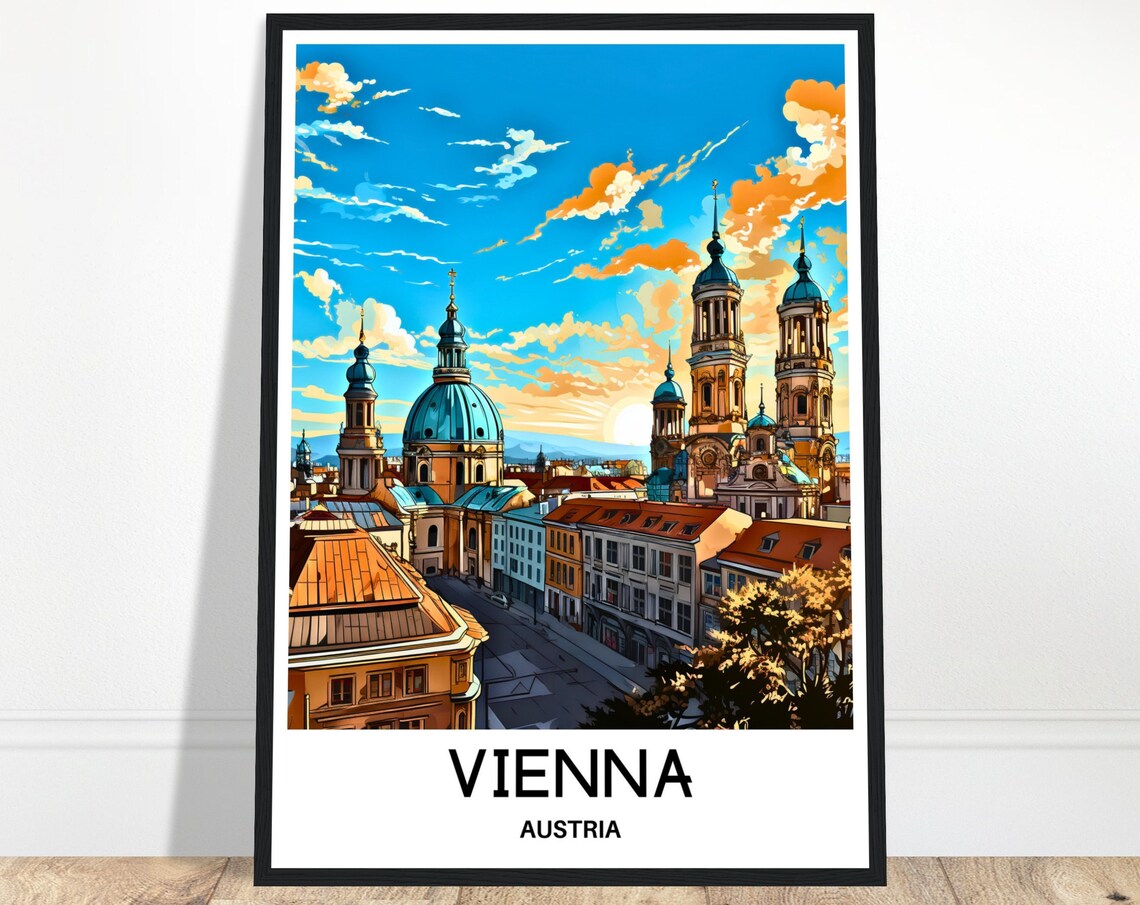 Vienna Austria Old Town Churches Blue Dome Skyline Travel Poster