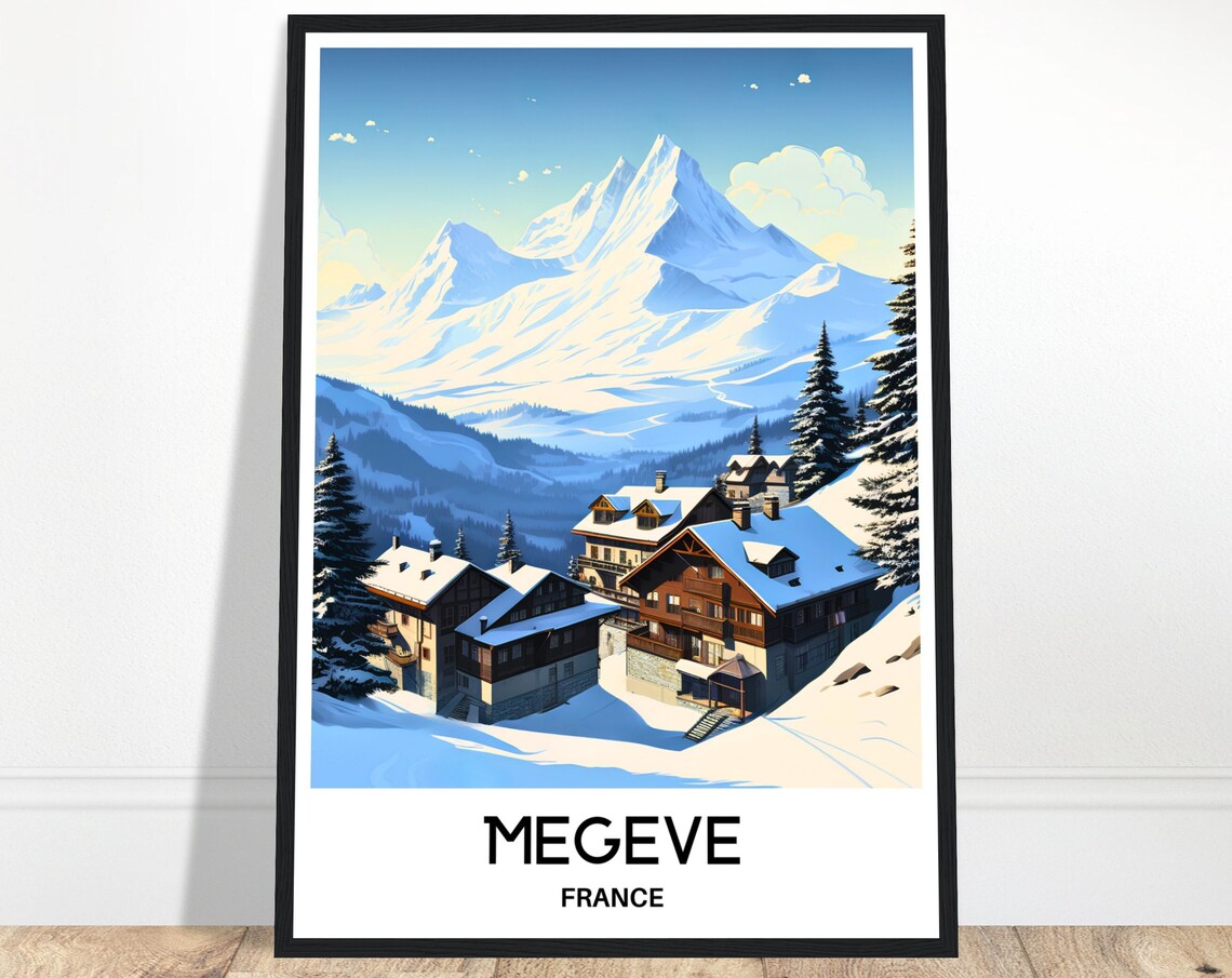 Megeve France Snowy Alpine Village Chalets Ski Resort Travel Poster